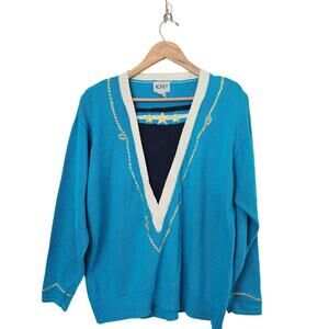 Vintage Koret Sweater Women XL Blue Preppy Nautical Cottage Academia 90s Sailing